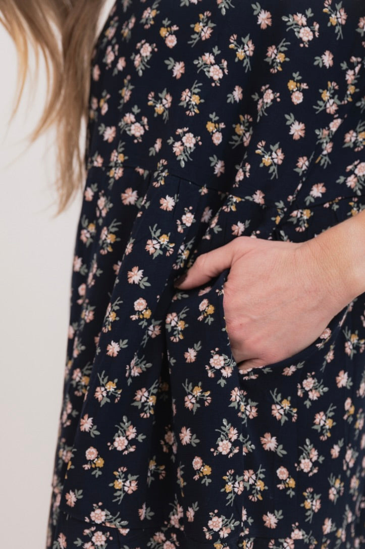 Navy Floral LS Tier Dress