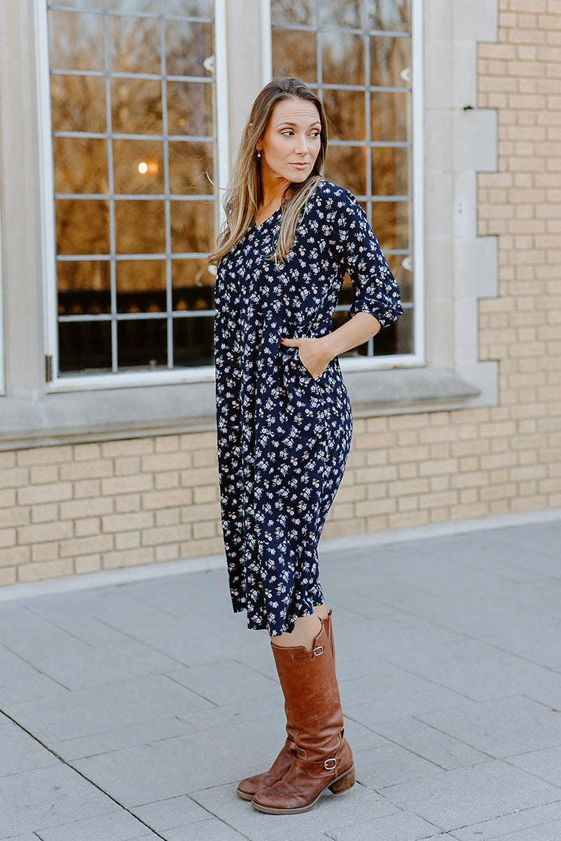 Navy Floral LS Tier Dress