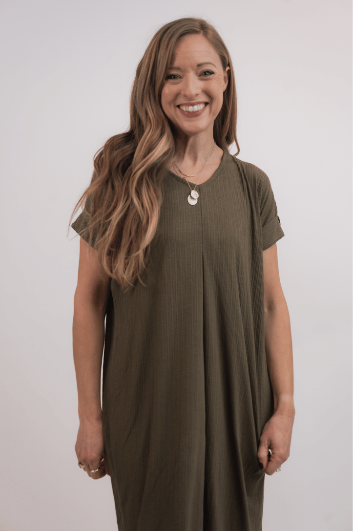Olive Ribbed Slub Dress