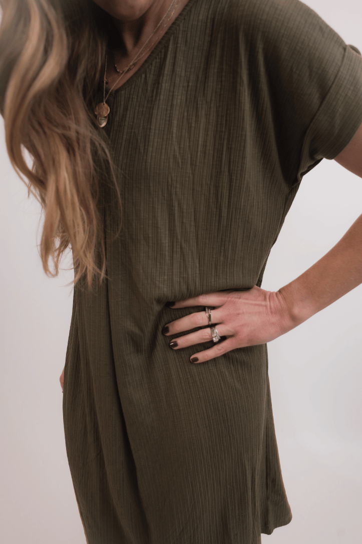 Olive Ribbed Slub Dress