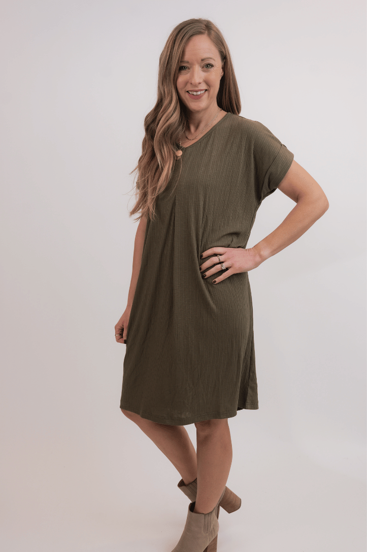 Olive Ribbed Slub Dress
