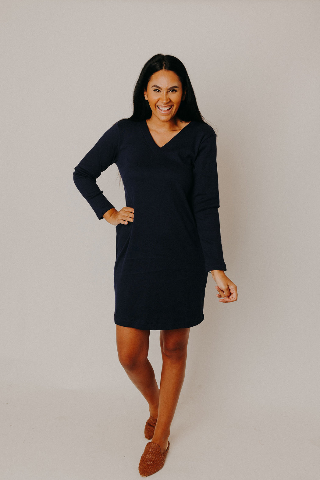 Navy Ribbed LS Basic Dress