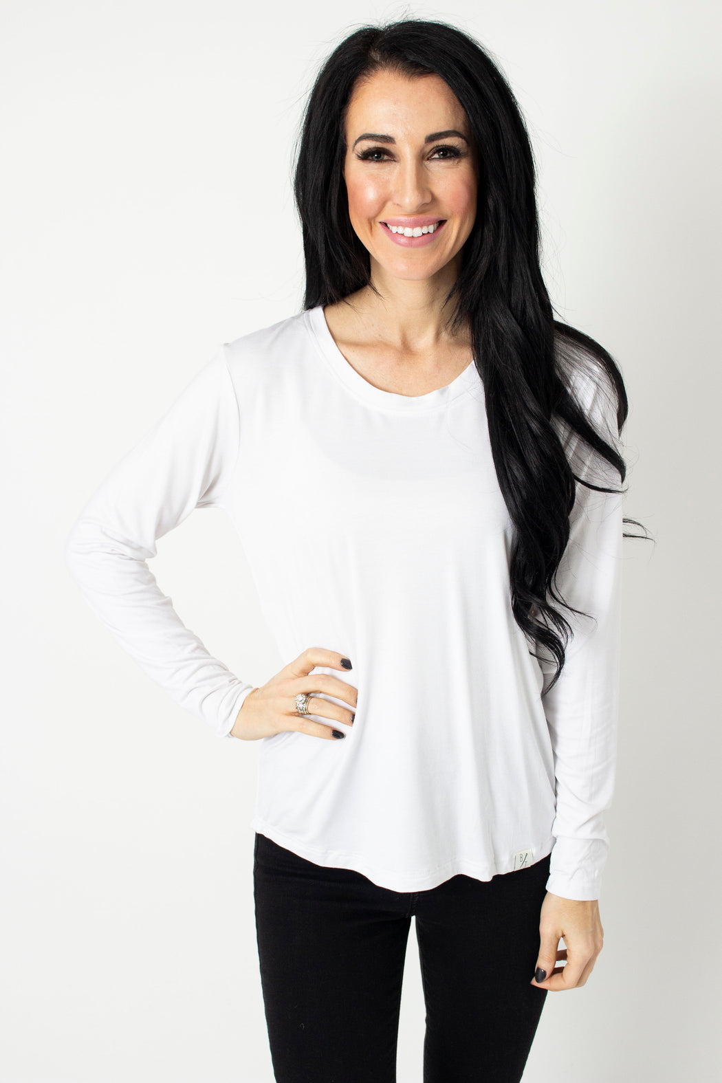 White Long Sleeve Scoop Tee