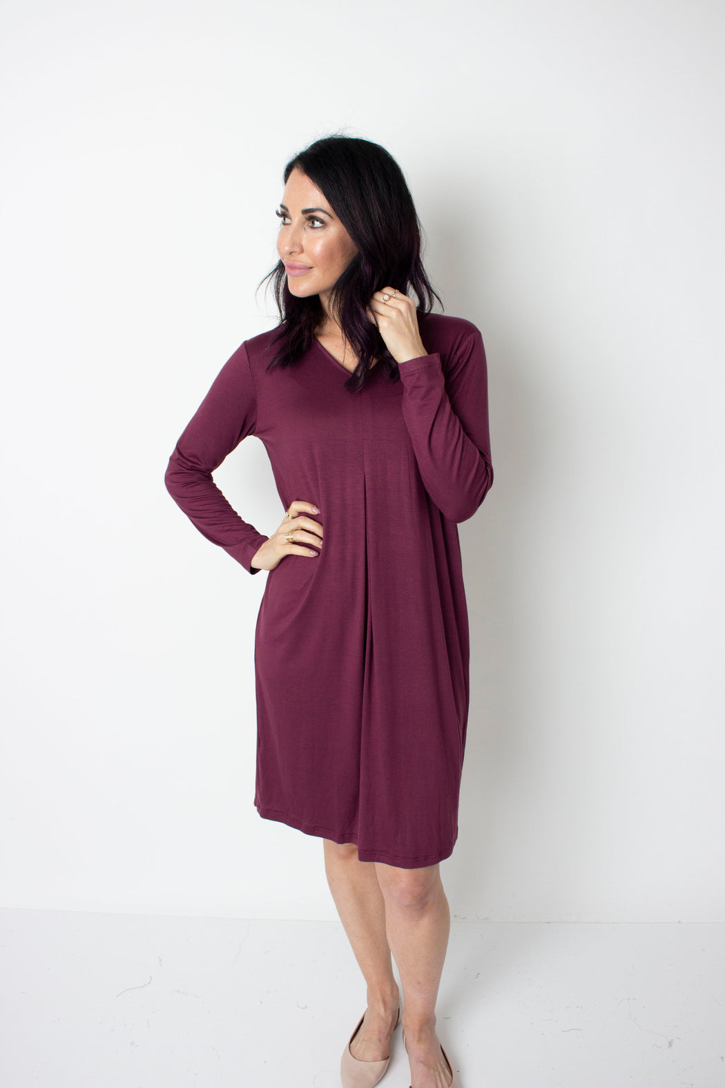 Merlot Long Sleeve Slub Dress