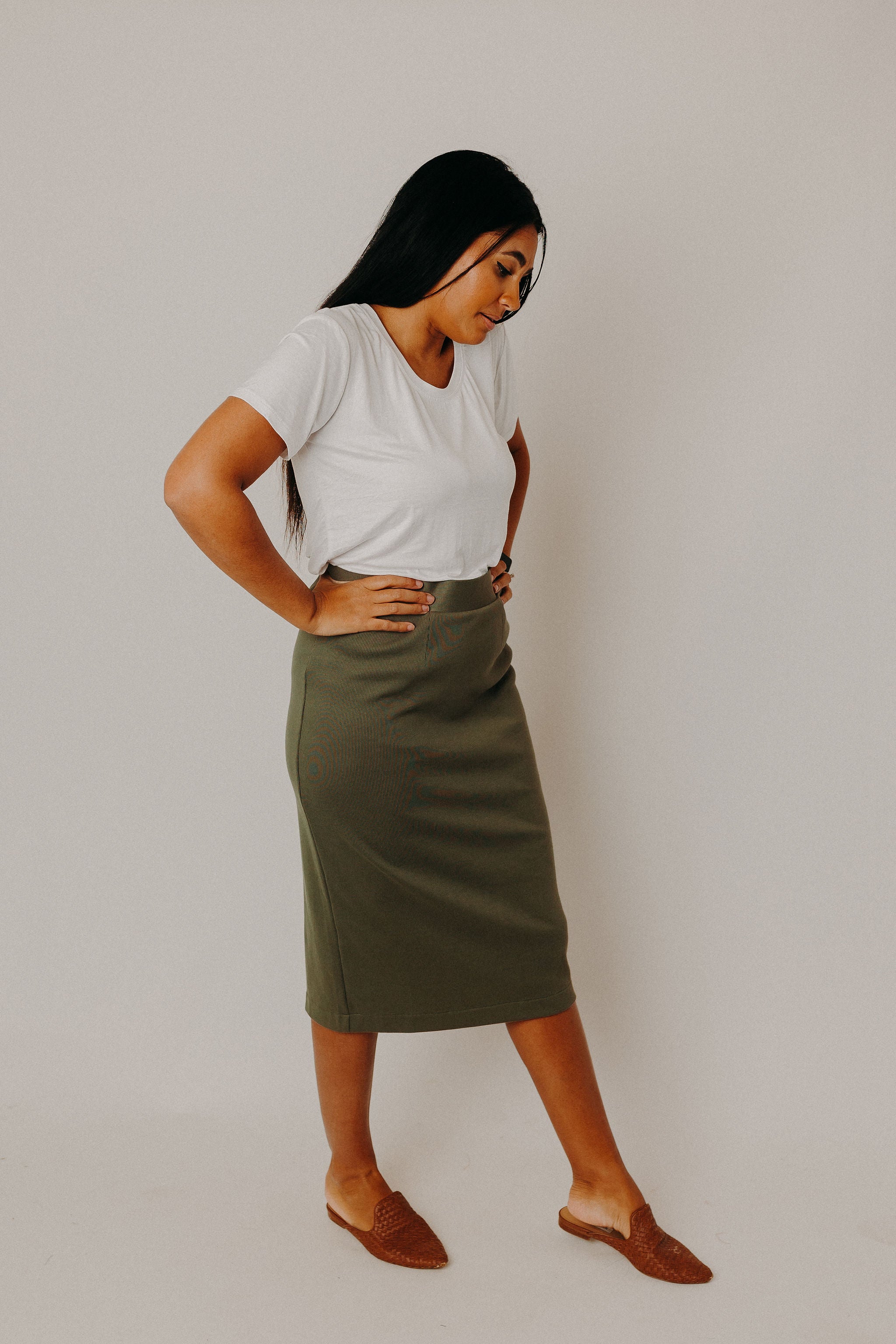 Olive green shop midi pencil skirt